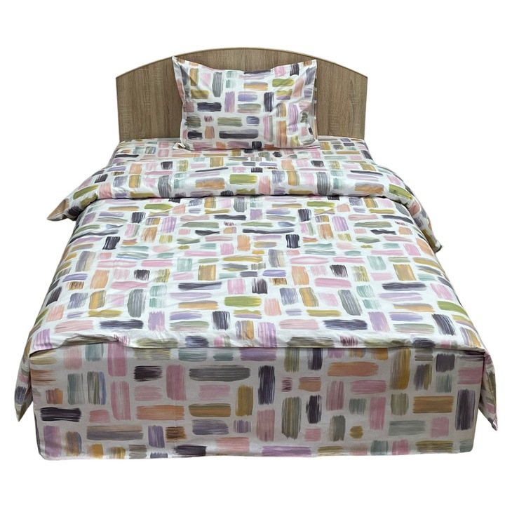 Set lenjerie pat single, trei piese, alb/multicolor, pentru saltea 90x200cm, din colectia Art Pastel by Liz Line, din bumbac ranforce LSR253