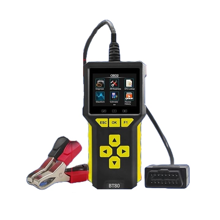 Tester auto universal 2 in 1, OBD2 si tester baterie, 6V, 12V, 24V, volmetru, test de incarcare a bateriei 100-3300 CCA, test de pornire, diagnoza, cautare DTC, citire si stergere coduri de eroare, display LCD, grafice in timp real, multimarca, negru