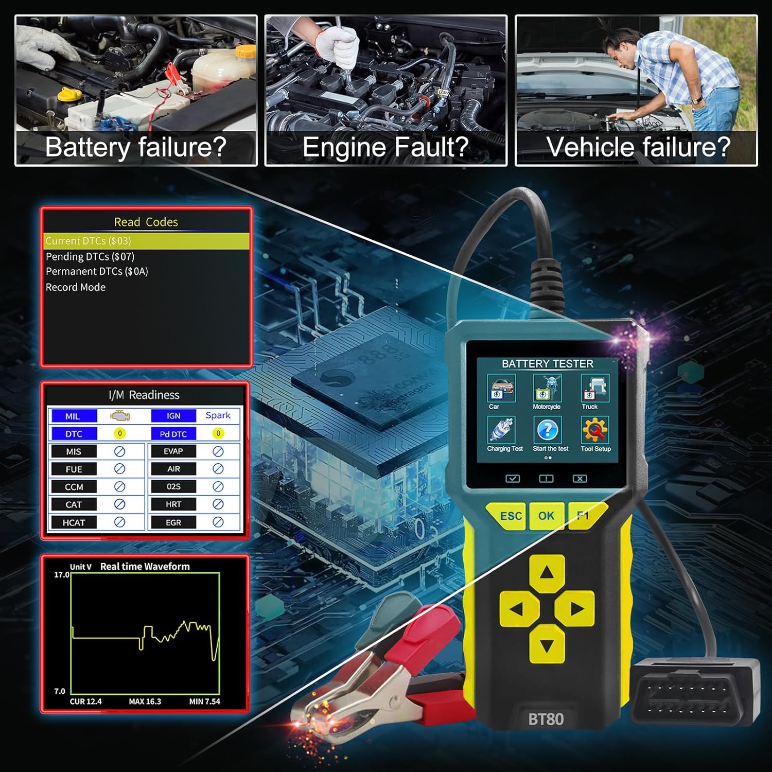 Tester auto universal 2 in 1, OBD2 si tester baterie, 6V, 12V, 24V ...