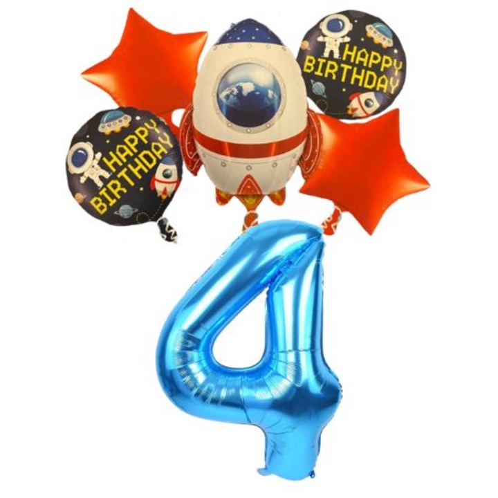 Set 6 baloane folie aniversare 4 ani, figurina Nava Spatiala 70cm, 2 baloane rotunde Happy Birthday, 2 stelute rosii si cifra albastra, zi de nastere