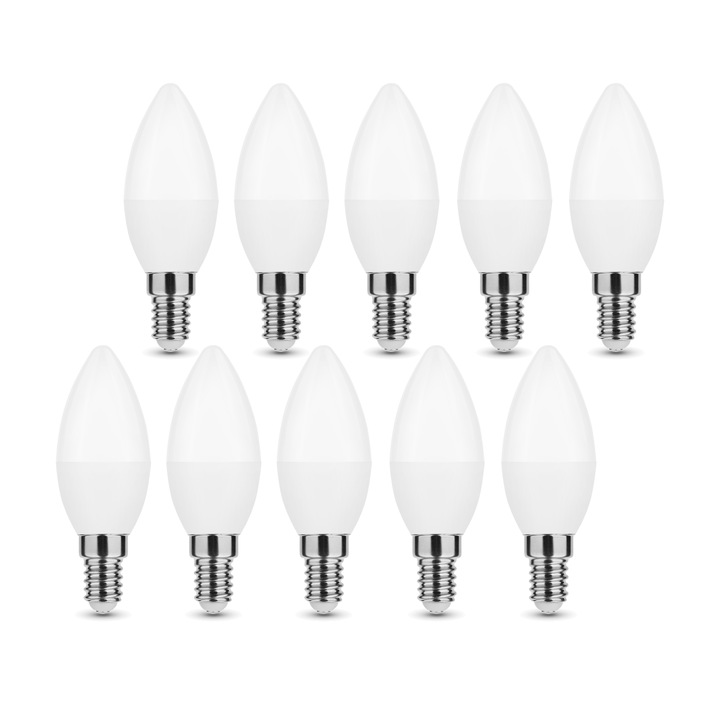 Комплект от 10 LED крушки Candle, E14, C35, 4.9W (еквивалент на 40W), 6000K, CW, студена светлина, 470 lm, Modee, енергиен клас F