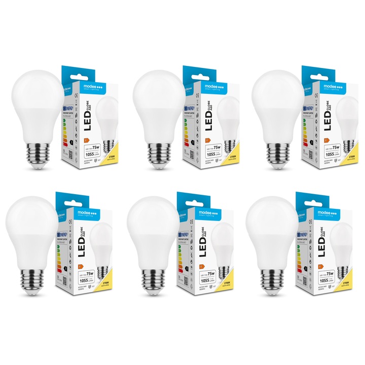 Комплект от 6 LED крушки Globe, E27, A60, 11W (еквивалент на 75W), 2700K, WW, топла светлина, 1055 lm, Modee, енергиен клас F