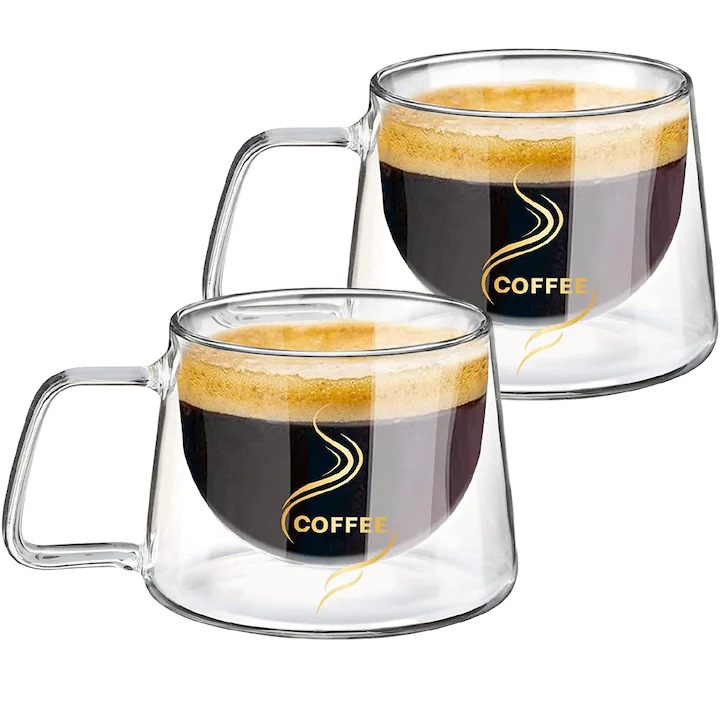 Set 2 cesti de Cafea din sticla termorezistenta, Aurov®, pereti dubli, 200 ml, transparenta