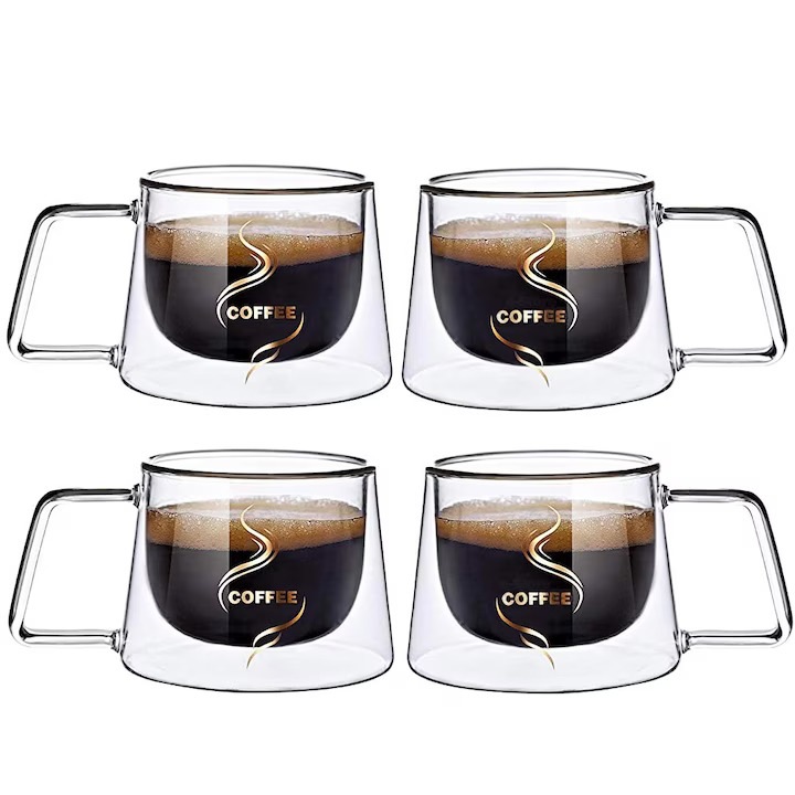 Set 4 cesti de Cafea din sticla termorezistenta, Aurov®, pereti dubli, 200 ml, transparenta