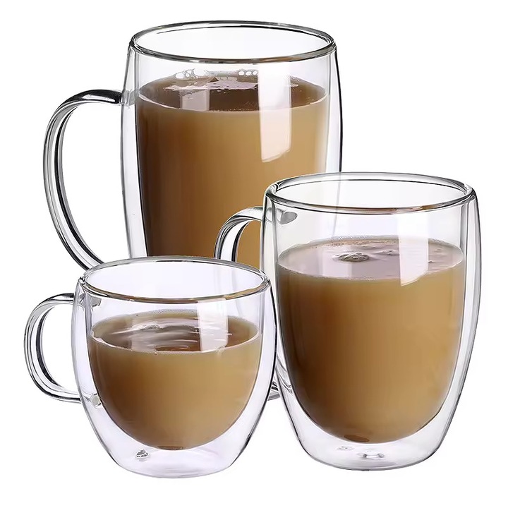 Set 3 cani pentru ceai si cafea din sticla termorezistenta, Aurov®, Pereti dubli, 250 ml, 350 ml, 450 ml, Transparenta