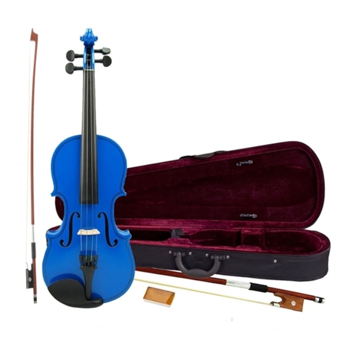 IdeallStore klasszikus hegedű, 4/4-es méret, fa, két íj, kék, anyagú sarok