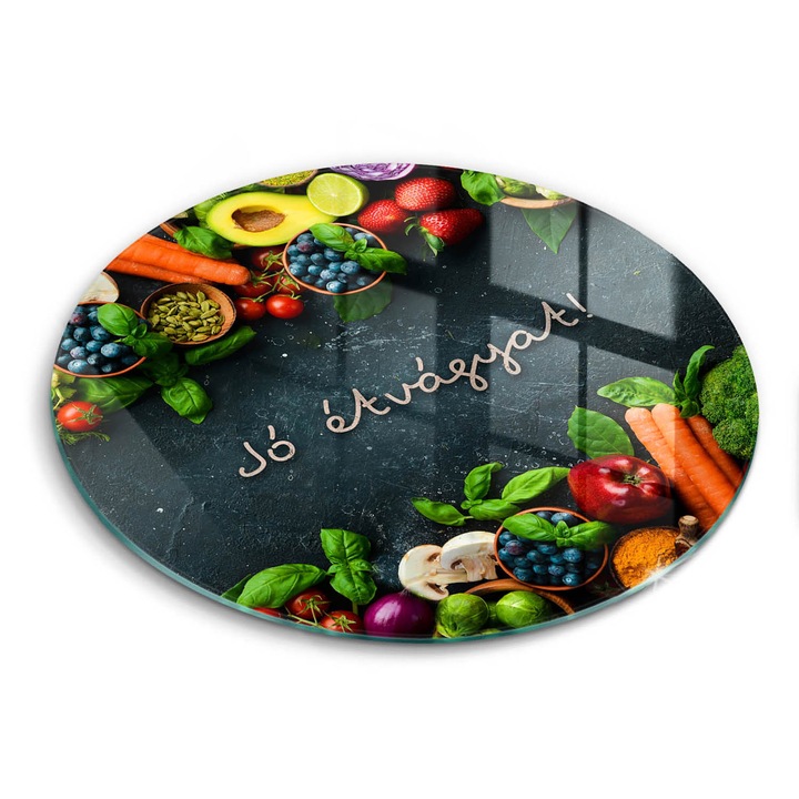 Üveg vágódeszka, Wallfluent, Gyümölcs és zöldség Jó étvágyat!, Sokszínű, Ø30 cm