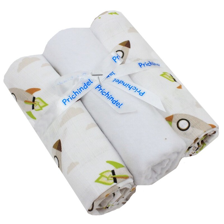 Set 3 scutece, Rachete, muselina si finet, bumbac, multicolor, 75x70cm