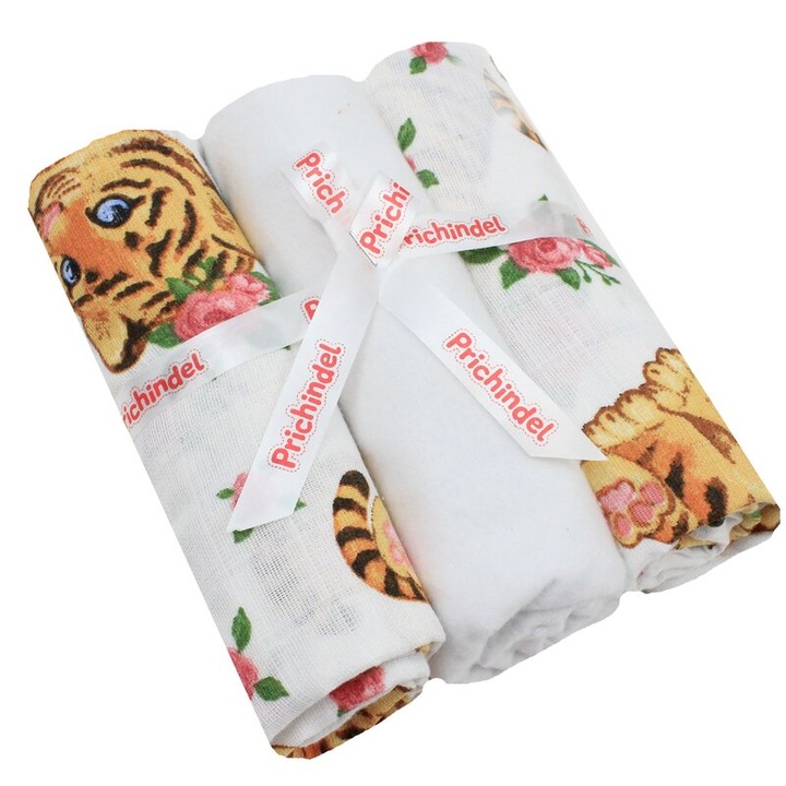 Set 3 scutece, Little tiger, muselina si finet, bumbac, alb, 75x70cm