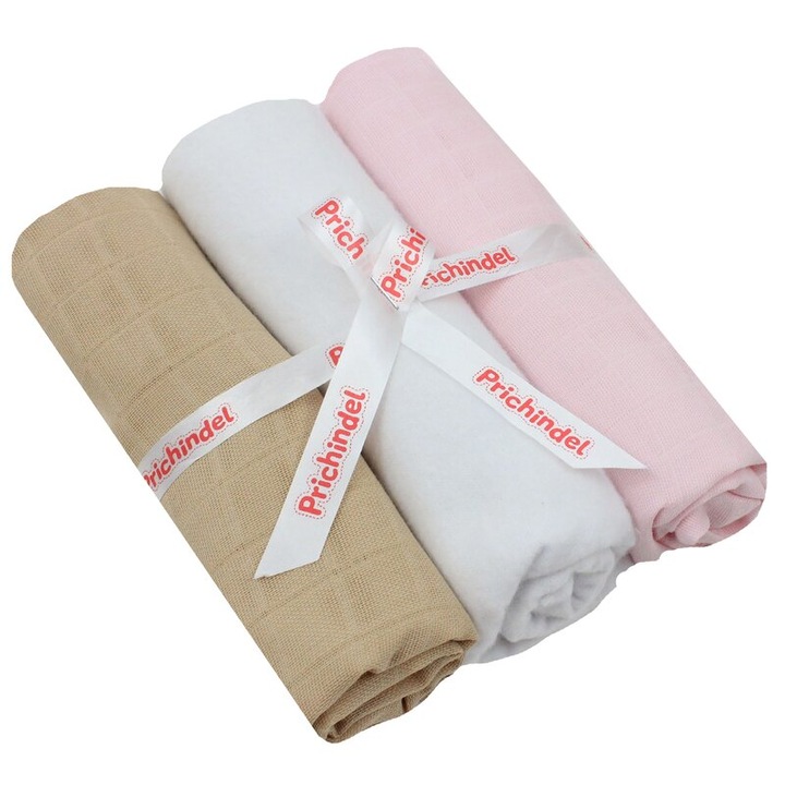 Set 3 scutece, muselina si finet, bumbac, crem si roz, 75x70cm