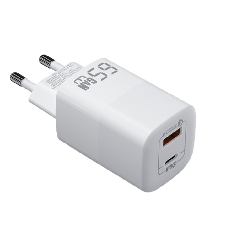 Мрежово зарядно SuperCharge DuoMini Plus 65W, PRESTIGE CHARGE®, компактен дизайн, GaN USB-C PD и USB QC 3.0 технология, за лаптоп, телефон, едновременно зареждане на 2 устройства, Бяло