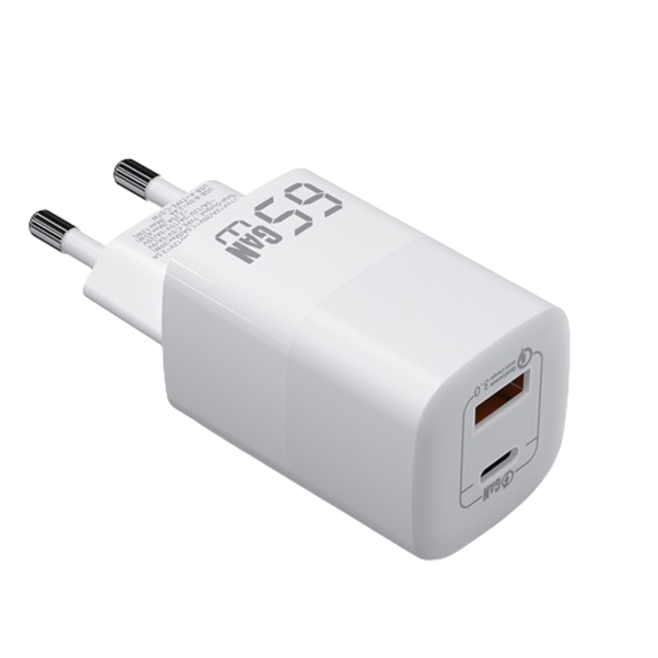 SuperCharge DuoMini Plus 65W мрежово зарядно, AHA PRINT®, компактен дизайн, GaN USB-C PD и USB QC 3.0 технология, за лаптоп, телефон, едновременно зареждане на 2 устройства, бял