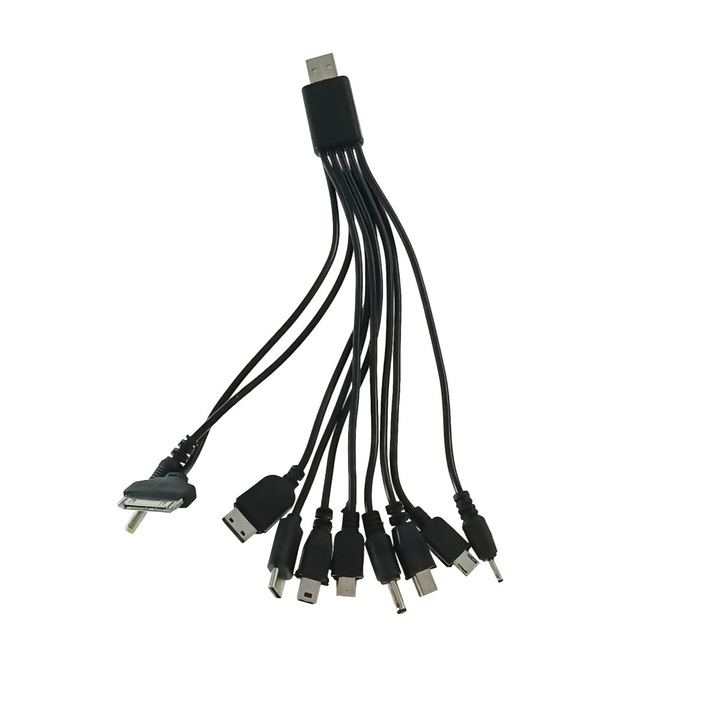 USB кабел 10 в 1, CT101-N, захранване от USB, 10 конектора с кабел, черен