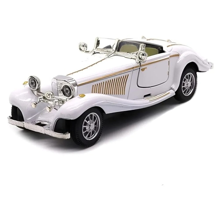 Macheta Bburago Mercedes Benz 500k Roadster, usi mobile, sunet, lumini, scara 1:28, alb, 16 cm