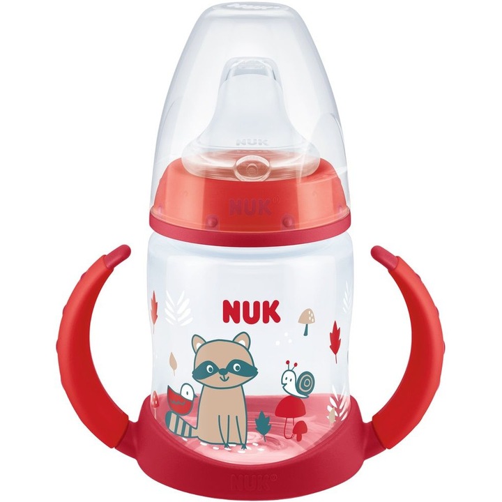 Бебешко шише с накрайник и дръжки 150 ml Nuk First Choice, Червени горски животни, 6-18 месеца