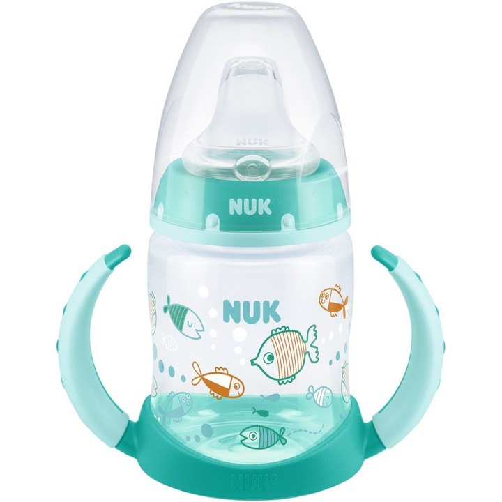 Бебешко шише с накрайник и дръжки 150 ml Nuk First Choice, Green Fish, 6-18 месеца
