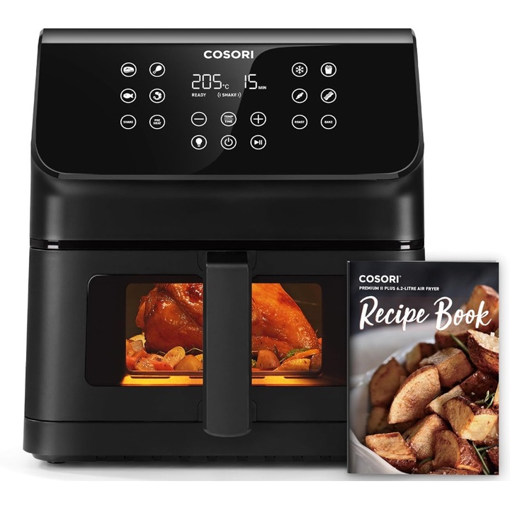 Friteuza cu aer cald, fara ulei, Cosori Air Fryer Premium Pro, Visual Window, Shake Reminder, Dishwasher Safe cu tehnologie Rapid Air actualizata, 1, 4 kg, 6, 2 litri, 55% Economie de energie, 5 portii, 12 in 1, Ecran Tactil, 1700 W, Negru