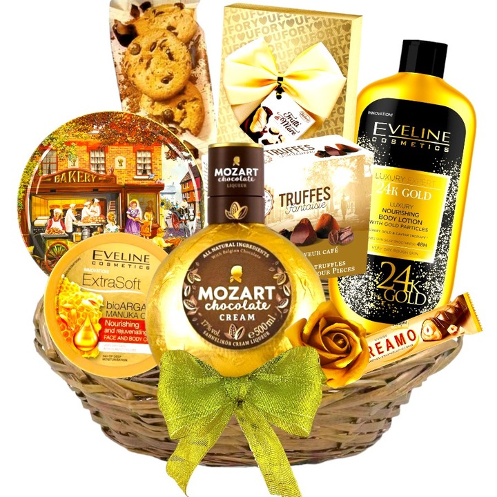 Cos cadou elegant pentru ea, Gold Selection - Lichior Mozart, Fursecuri Daneze cu Unt, Trufe din Ciocolata, Cosmetice cu Aur 24K si Caviar, Trandafir Parfumat, Ambalat Festiv - Ideal pentru Aniversare, Craciun, 1-8 Martie by CADOURI RAFINATE®