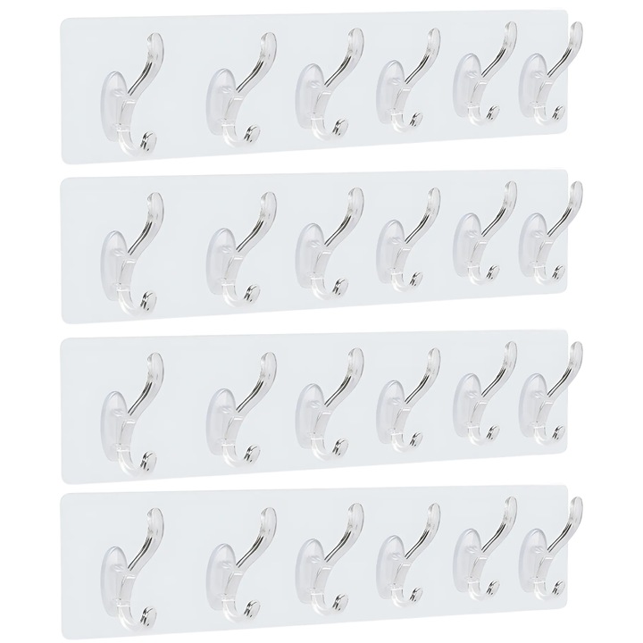 Set 4 accesorii tip cuier, autoadezive de perete, transparente, decor pentru casa, baie, hol sau bucatarie, 6 pozitii, impermeabil, @Selling Depot