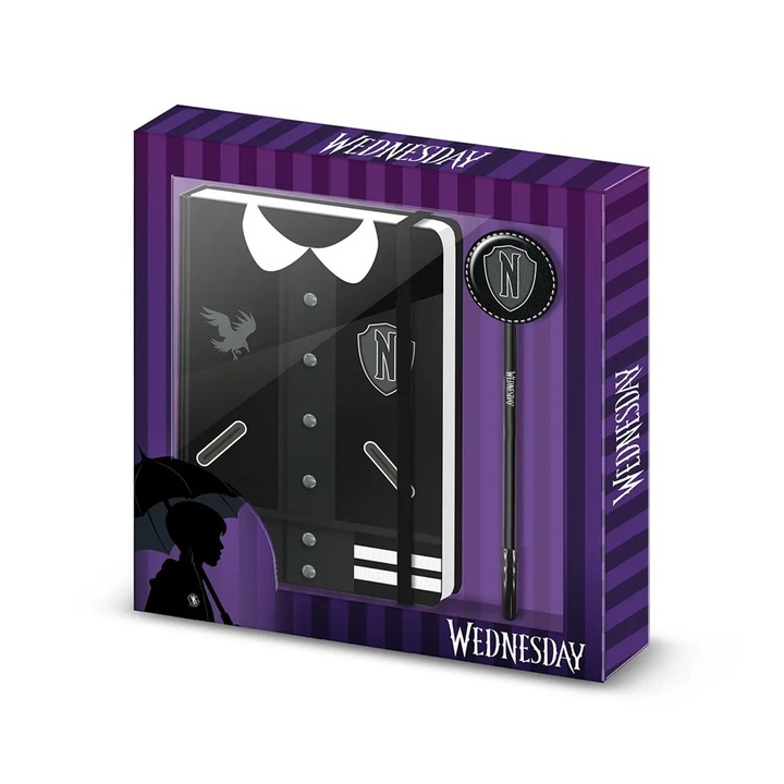 Set carnet si pix Wednesday, uniforma Varsity, 23x22x2 cm