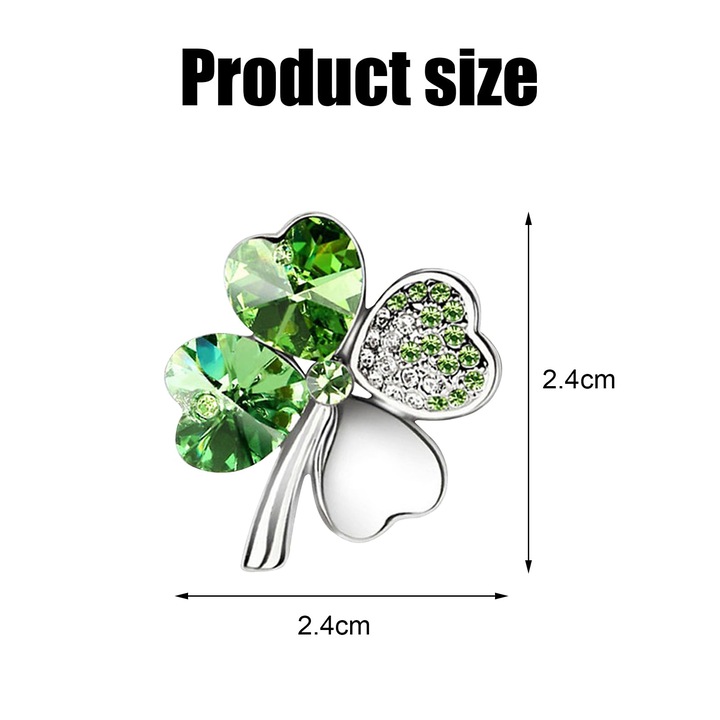 Brosa trifoi cu patru foi, Aliaj hipoalergenic, 2.8x3.5cm, Argintiu/Verde