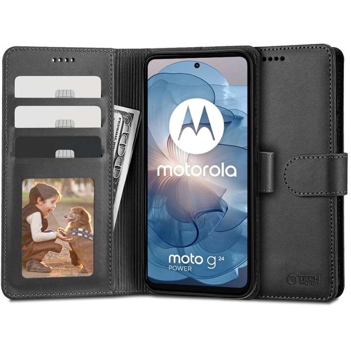 Капак за Motorola Moto G24 Power / G04 / G24, Портфейл, Elite Armor, U1797, Черен