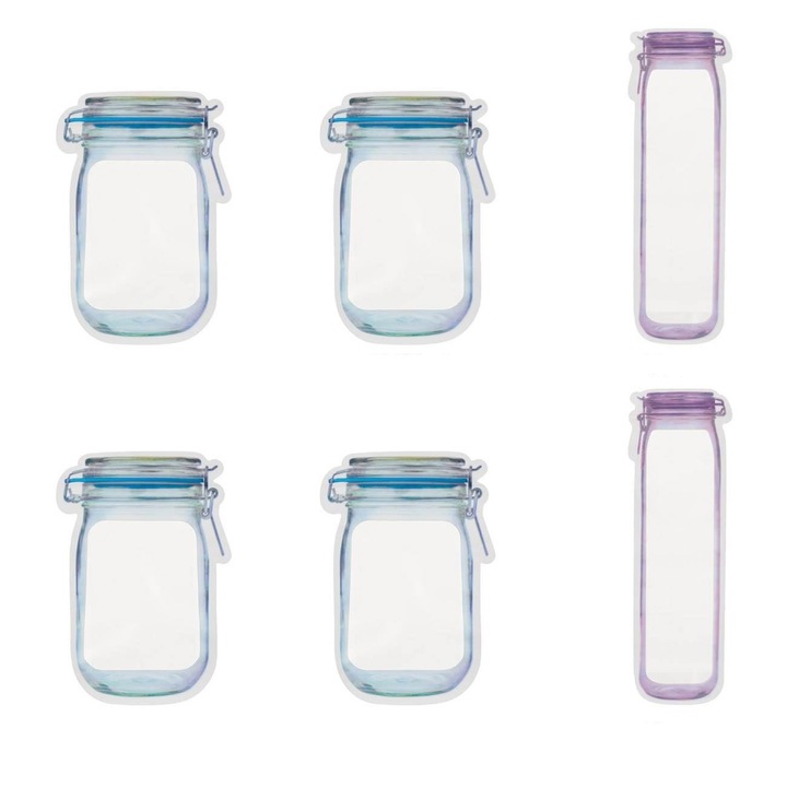 Set 6 pungi de depozitare reutilizabile Shopiens® ce se sigileaza ca sa pastreze alimentele proaspete, cu fund larg, 4 x 1 L si 2 x 500 ml