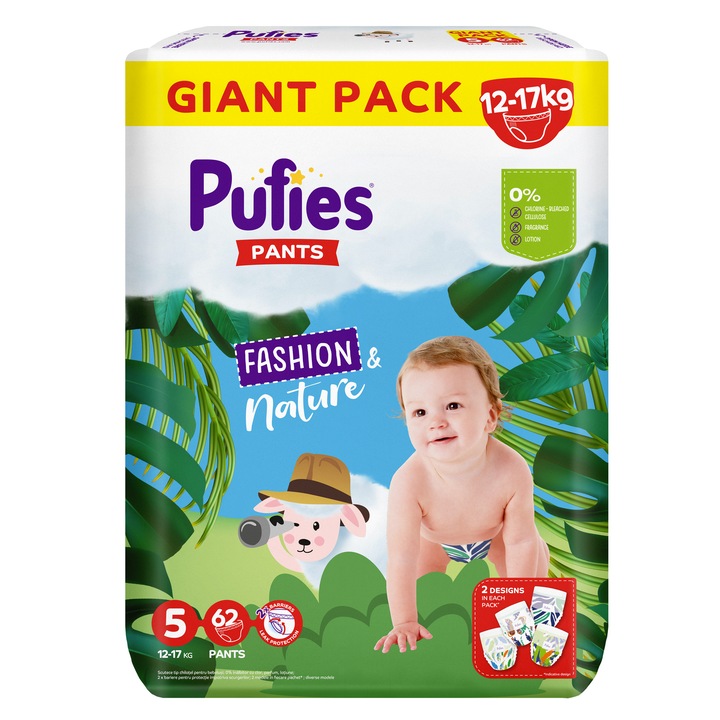 Scutece-chilotel Pufies Fashion&Nature, Marimea 5 Junior, 12-17 kg, 62 buc, Giant pack