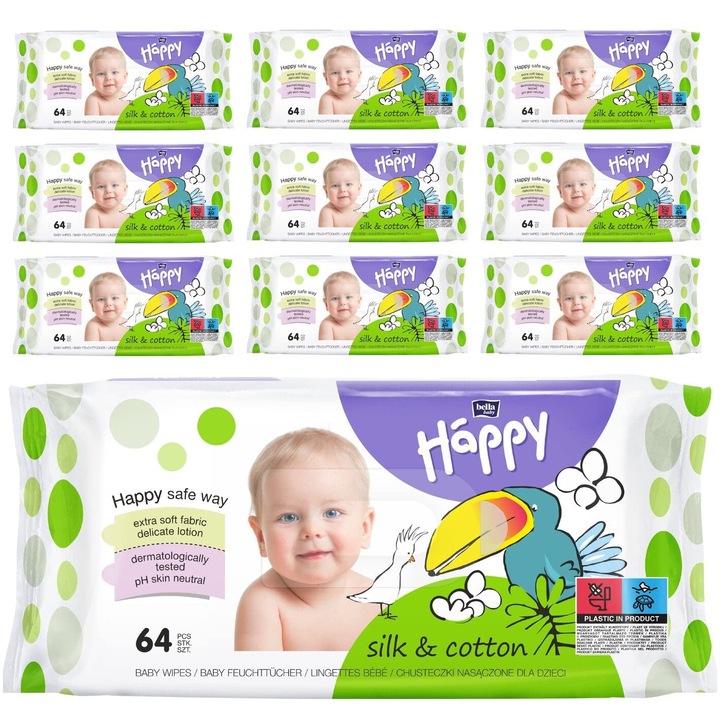 Set 10 x 64 Servetele umede Happy Silk&Cotton, Testate Dermatologic, Mega Pack Economy, 640 buc/ Bax
