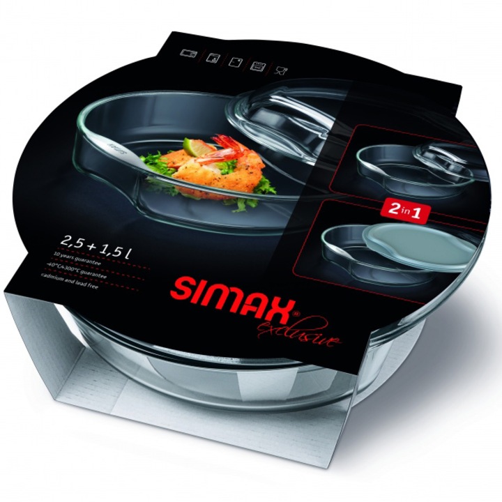 Vas termorezistent rotund Simax, cu capac sticla si capac plastic, 28 x 27 x 11 cm, 2.5 L / 1.5 L