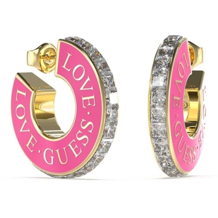 Cercei Guess Love Guess rotunzi cu email si cristale JUBE04083JWYGFCT-U, Auriu, Roz
