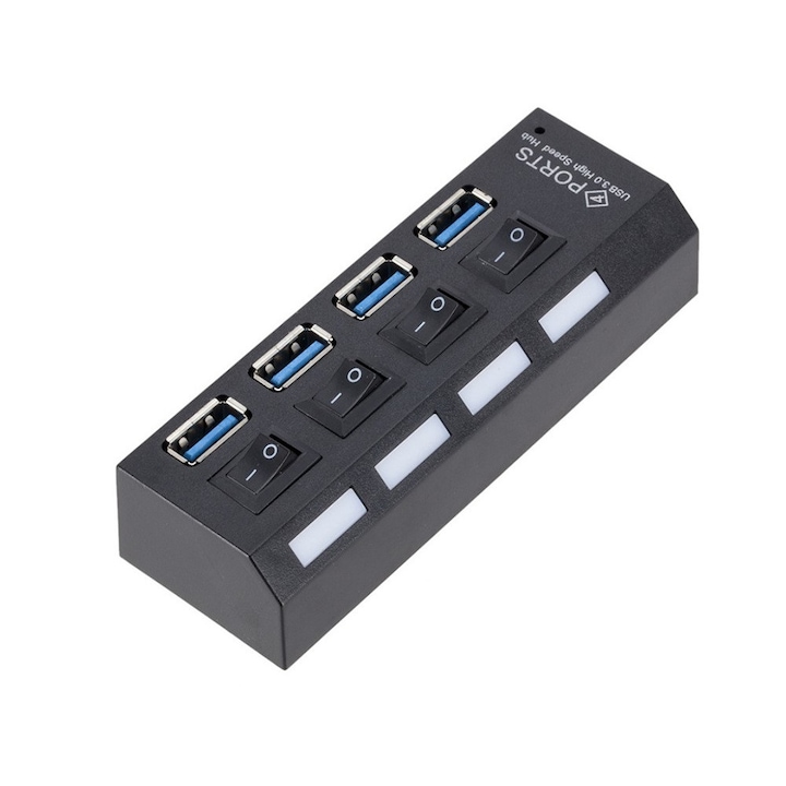 Универсален хъб с 4 USB 3.0 порта, 105 x 35 x 21 mm, максимална скорост 5GB/s, черен, Dactylion®