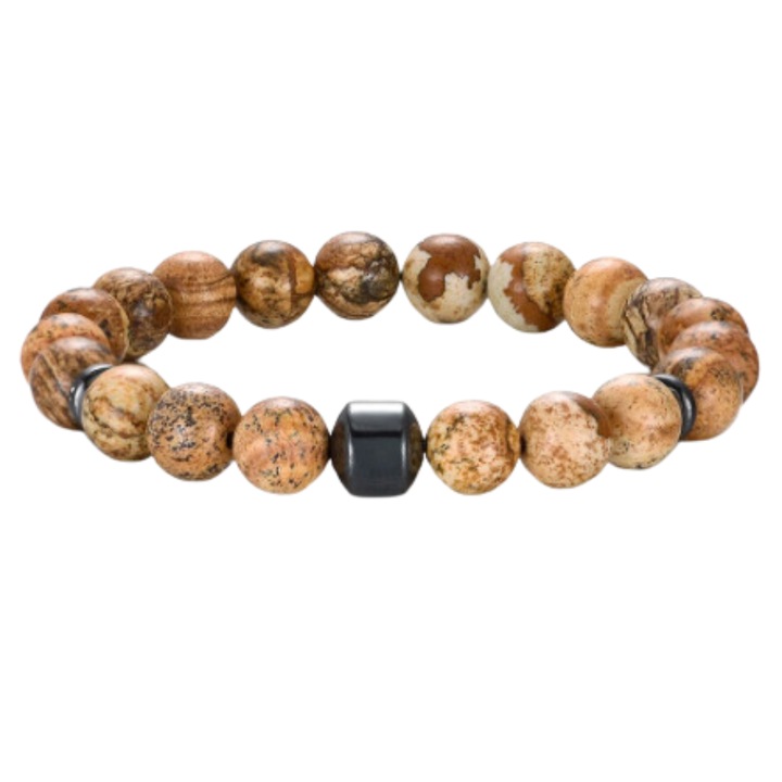 Bratara Vorbeste Sufletul pietre jasp tigrat, maro-auriu, elastica, conexiune pamant, vitalitate, potrivire perfecta orice dimensiune mana