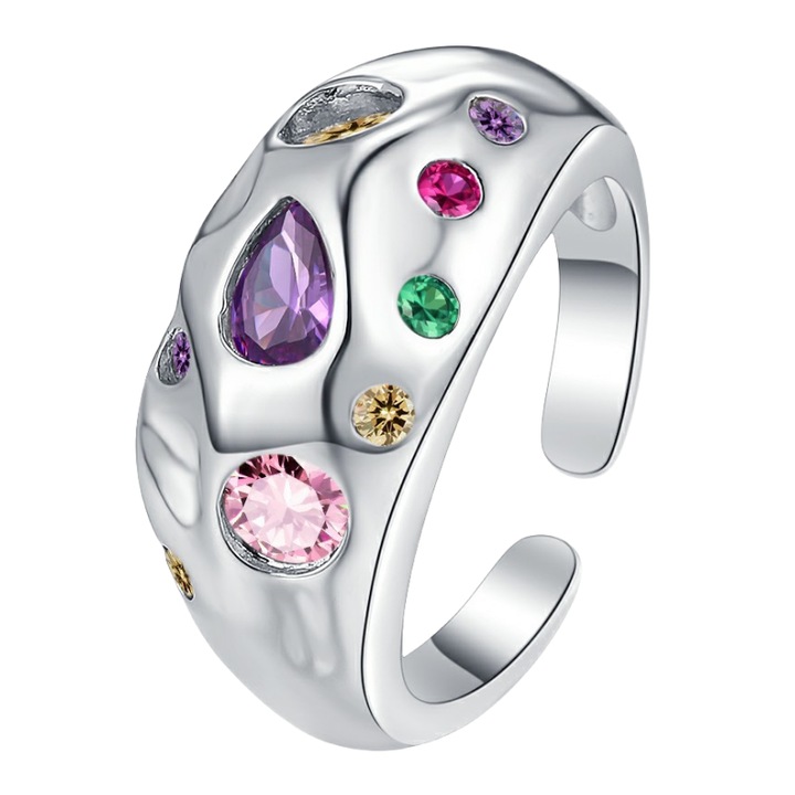 Inel din zircon colorat, aur alb 18k, dimensiune reglabila