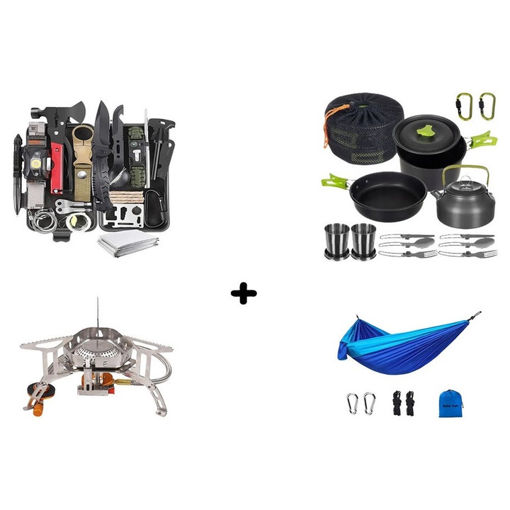 Kit supravietuire 30 in 1 Solid Volt, ustensile multifunctionale, ideal pentru excursii, drumetii, camping, outdoor, calatorii, trusa impermeabila transport, hamac, aragaz cu arzator si set gatit outdoor