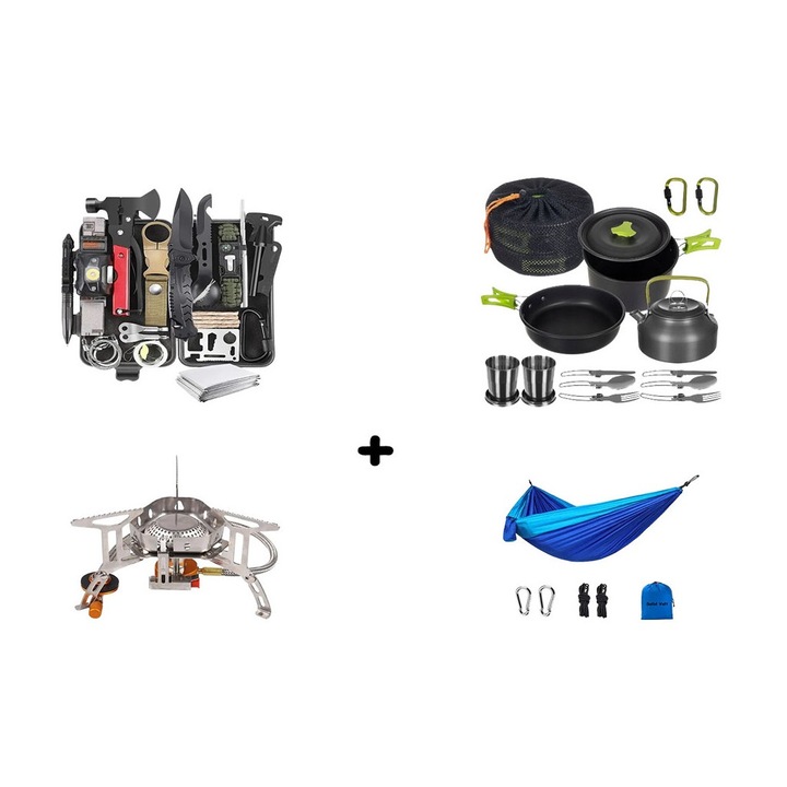 Комплект за оцеляване 30 в 1 Solid Volt, многофункционални прибори, идеални за излети, туризъм, къмпинг, на открито, пътуване, водоустойчив транспортен комплект, хамак, печка с горелка и комплект за готвене на открито