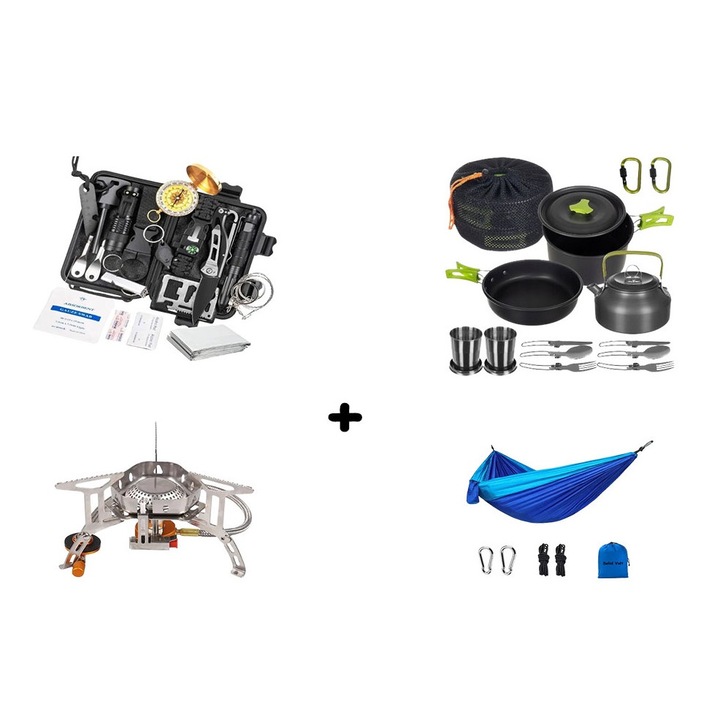 Комплект за оцеляване 18 в 1 Solid Volt, многофункционални прибори, идеални за излети, туризъм, къмпинг, на открито, пътуване, водоустойчив транспортен комплект, хамак, печка с горелка и комплект за готвене на открито