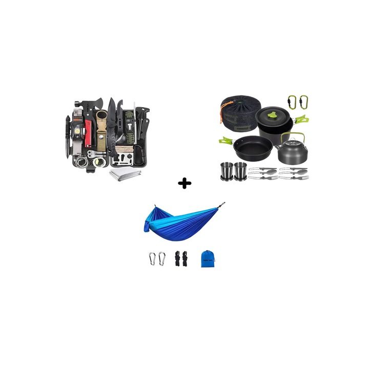 Комплект за оцеляване 30 в 1 Solid Volt, многофункционални прибори, инструменти, идеални за излети, туризъм, къмпинг, на открито, пътуване, водоустойчив комплект за транспорт, хамак и комплект за готвене на открито