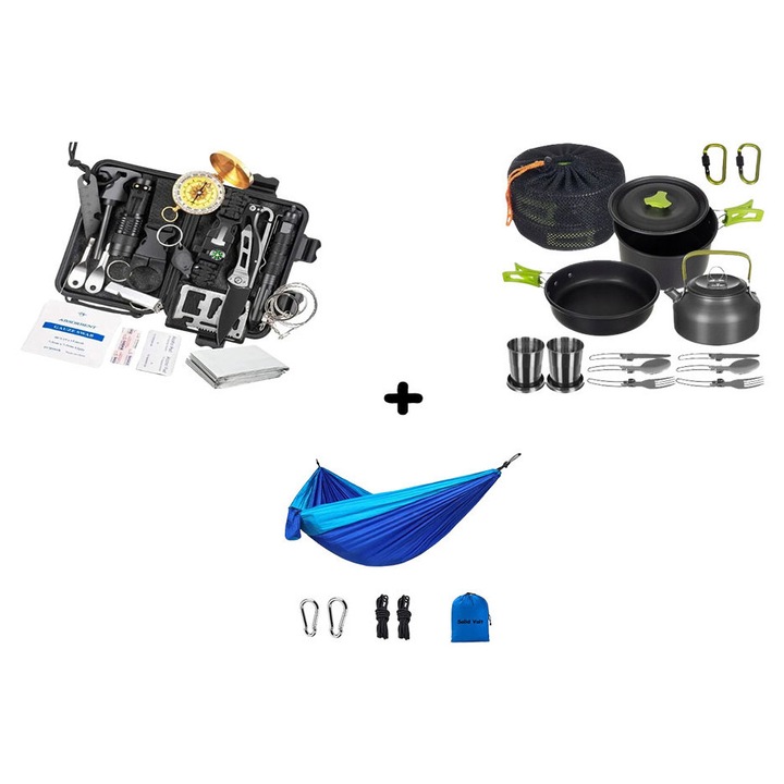Kit supravietuire 18 in 1 Solid Volt, ustensile multifunctionale, unelte, ideal pentru pentru excursii, drumetii, camping, outdoor, calatorii, trusa impermeabila pentru transport, hamac si set gatit outdoor i