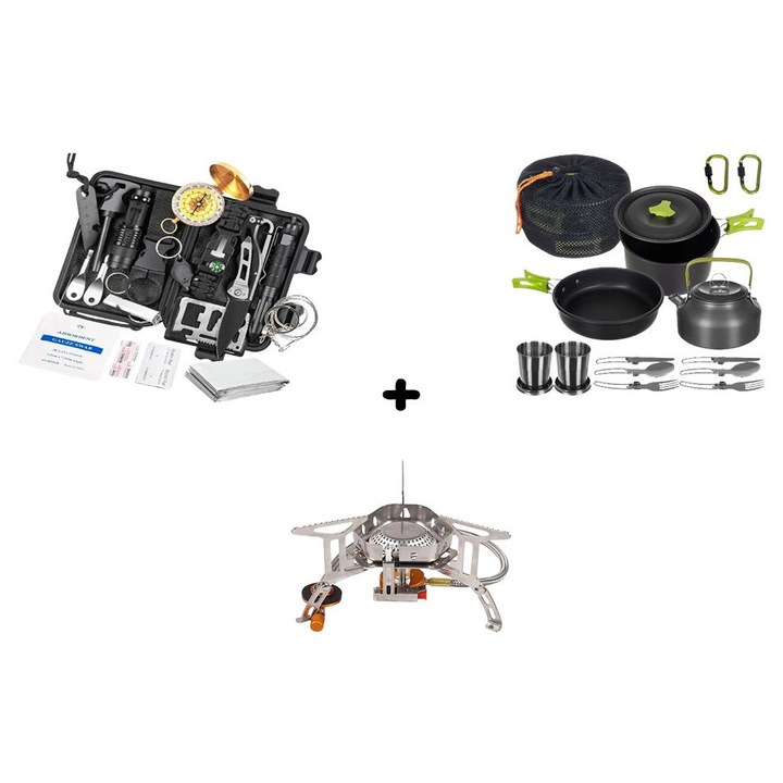 Kit supravietuire 18 in 1 Solid Volt, ustensile multifunctionale, unelte, ideal pentru pentru excursii, drumetii, camping, pescuit, outdoor, calatorii, trusa impermeabila pentru transport, aragaz camping si set gatit outdoor