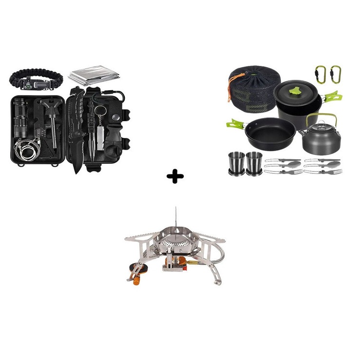 Kit supravietuire 16 in 1 Solid Volt, ustensile multifunctionale, unelte, ideal pentru pentru excursii, drumetii, camping, pescuit, outdoor, calatorii, trusa impermeabila pentru transport, aragaz camping si set gatit outdoor