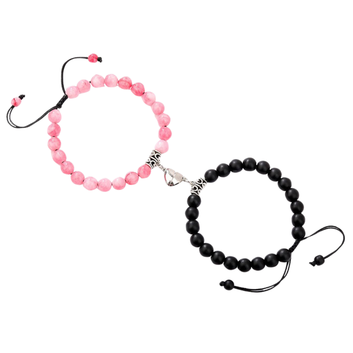 Set bratari cuplu cu inimioara magnet din roca, reglabile, unisex, neagra si roz, 2 bucati