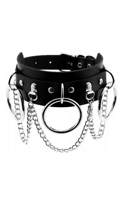 Дамски чоукър в основата на врата в стил секси еротична пънк яка, Широк модел тип колан с халки, Щипки и метални верижки, Изработен от екологична кожа, Регулиращ се с катарама, За носене върху тениски/блузи шията или по кожата, 30-40 cm, Черен