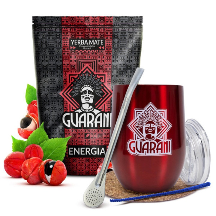 Ceai Yerba Mate Set, Guarani Guarana, Cana Metal Rosu, 350 ml