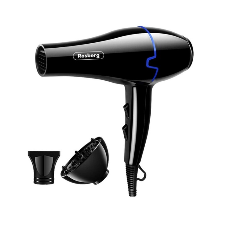 Сешоар Rosberg R51100KD, 2000 W, 2 скорости, 3 нива, Дифузер, Черен