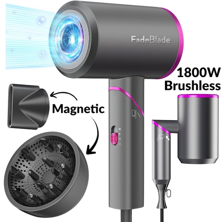 Uscator de Par Profesional FadeBlade® Max Pro, 1800W, Pliabil, Ioni Negativi Feon, Brushless, 3 Trepte Temperatura, 2 Viteze, Difuzor si Concentrator Atasare Magnetica, Gri