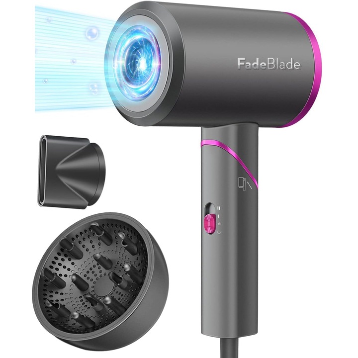 Професионален сешоар FadeBlade® Max Pro, сгъваем, Feon отрицателни йони, без четка, 3 температурни нива, 2 скорости, дифузьор и магнитна приставка за концентратор, 1800 W, сив