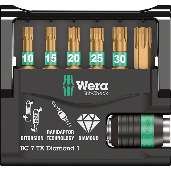 Set de biti Wera Bit-Check 7 TX Diamond 1, cu varf diamantat, 7 piese, TORX