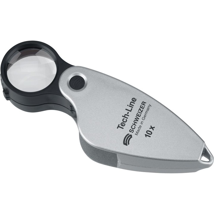 Lupa retractabila, Schweizer, Sticla Silicata, Tech-Line, 10x, Lentila 22.8 mm, Argintiu / Negru
