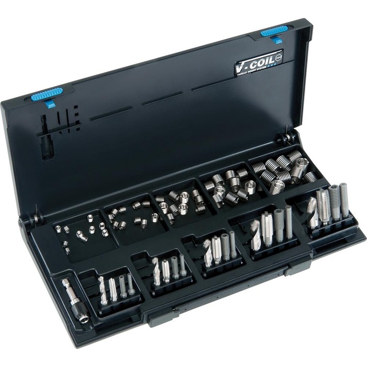 Set de reparare a filetelor, V-COIL, M5-M12, inclusiv burghiu si unelte de montaj, plastic, multicolor